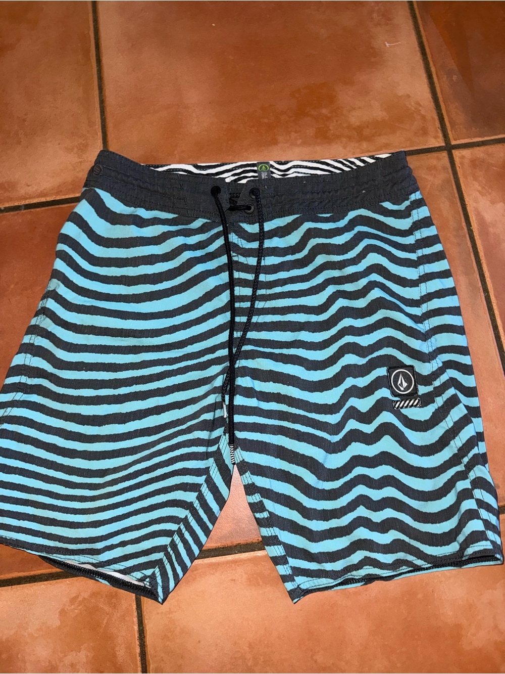 Volcom Boys Aqua & Black Wave Stripe Swim Trunks